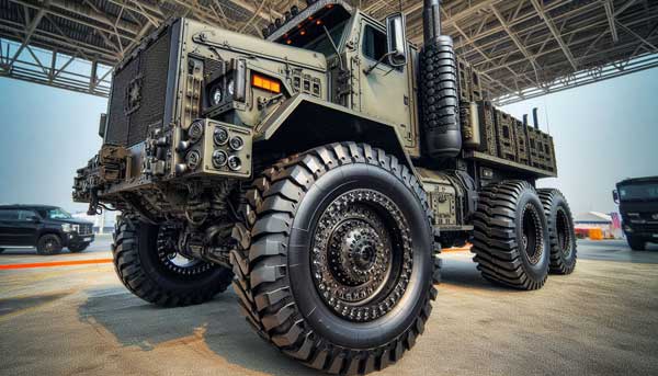 Armored vehicle (e.g., APC or MRAP) showing heavy-duty, run-flat capable wheel system in a desert environment.