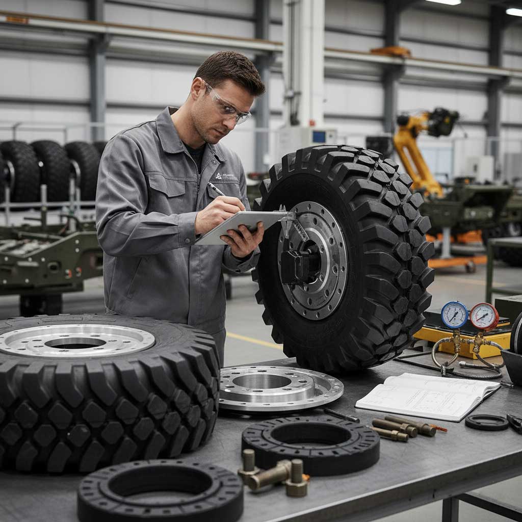 Custom made wheels manufacturing for heavy-duty military and commercial applications with large off-road tires. Atlantic Data Center Las Palmas